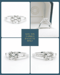 Close-up of a tapered baguette engagement ring with round diamond center.