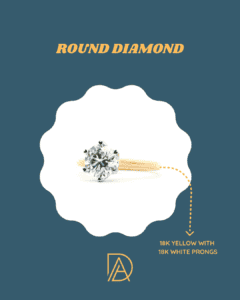Round diamond ring with yellow gold band and white gold prongs