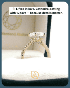 Side view of cathedral setting with pave diamonds and floating diamond design