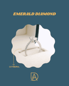Cathedral setting emerald diamond ring shown in jewelry box