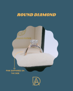 Side profile of custom engagement ring with pink sapphires beneath the setting