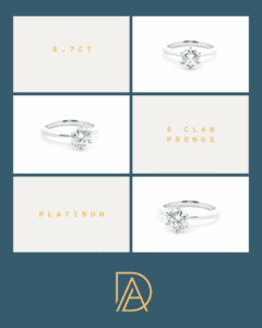 Round diamond platinum ring design highlights with 6 prongs and knife edge